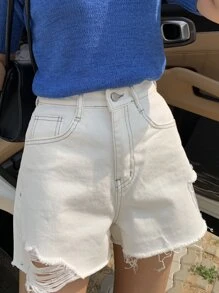 DAZY 纯色破洞毛边短裤，返校服牛仔裙 - 白色 - 查看 4