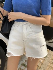 DAZY 纯色破洞毛边短裤，返校服牛仔裙 - 白色 - 查看 8