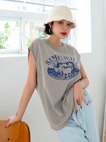 DAZY Letter & Sheep Print Tank Top - Khaki - View 1