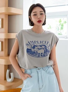 DAZY Letter & Sheep Print Tank Top - Khaki - View 3