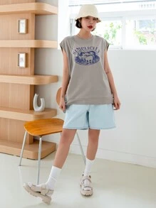 DAZY Letter & Sheep Print Tank Top - Khaki - View 6
