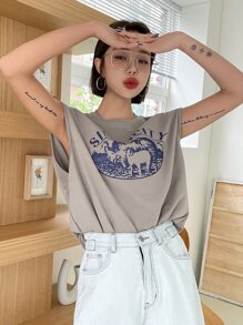 DAZY Letter & Sheep Print Tank Top - Khaki - View 8