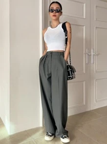 DAZY 褶皺斜插口袋定制西褲 - 深灰色 - 查看 6