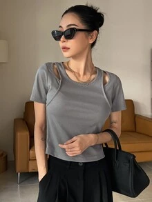 DAZY 二合一鏤空羅紋針織T恤 - 灰色 - 查看 5