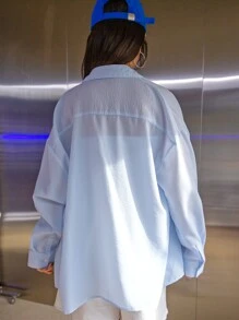 DAZY Pinstripe Drop Shoulder Button Up Oversized Shirt - Blue - View 2