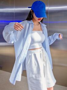 DAZY Pinstripe Drop Shoulder Button Up Oversized Shirt - Blue - View 3