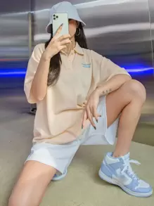 FRIFUL 女士落肩寬鬆字母印花t卹 - 杏色 - 查看 3