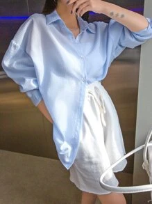 DAZY Pinstripe Drop Shoulder Button Up Oversized Shirt - Blue - View 4