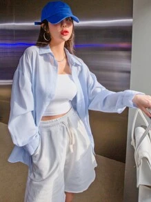 DAZY Pinstripe Drop Shoulder Button Up Oversized Shirt - Blue - View 5