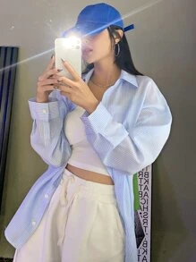 DAZY Pinstripe Drop Shoulder Button Up Oversized Shirt - Blue - View 6