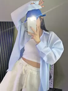 DAZY Pinstripe Drop Shoulder Button Up Oversized Shirt - Blue - View 7