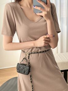 DAZY 羅紋針織V領T恤連衣裙 - 卡其色 - 查看 5