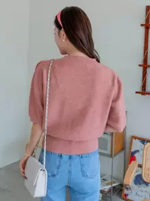 DAZY Solid Crew Neck Knit Top,Fall Clothes - Dusty Pink - View 2