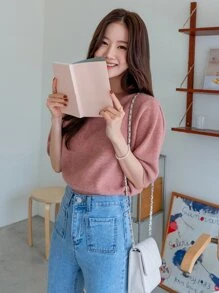 DAZY Solid Crew Neck Knit Top,Fall Clothes - Dusty Pink - View 5