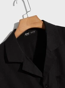 ROMWE MEN Casual Men Solid Button Front Pocket Shirt, School - Black - View 3