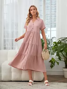 EMERY ROSE Button Through Raglan Sleeve Dress - Dusty Pink - View 1