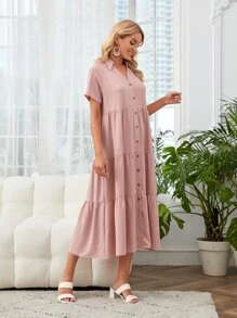 EMERY ROSE Button Through Raglan Sleeve Dress - Dusty Pink - View 4