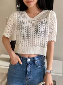 DAZY Scallop Trim Crop Pointelle Knit Top - White - View 1