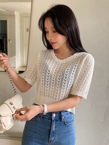 DAZY Scallop Trim Crop Pointelle Knit Top - White - View 2