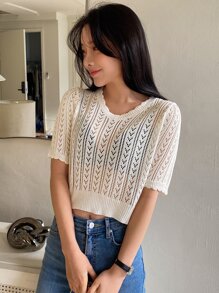 DAZY Scallop Trim Crop Pointelle Knit Top - White - View 3