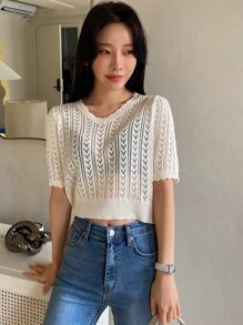 DAZY Scallop Trim Crop Pointelle Knit Top - White - View 4