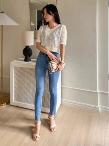 DAZY Scallop Trim Crop Pointelle Knit Top - White - View 5