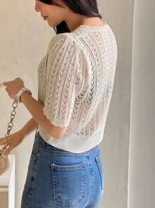 DAZY Scallop Trim Crop Pointelle Knit Top - White - View 6