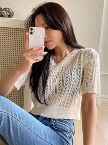 DAZY Scallop Trim Crop Pointelle Knit Top - White - View 7