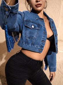 SHEIN SXY 落肩袖翻蓋口袋流蘇細節牛仔夾克 - 中等水洗藍 - 查看 1