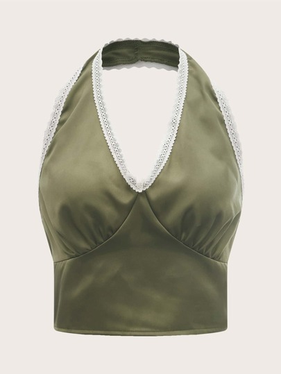 Crop Top mit Neckholder, Spitzenbesatz, Satin