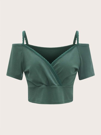 Solid Lace Trim Cold Shoulder Ribbed Crop Tee