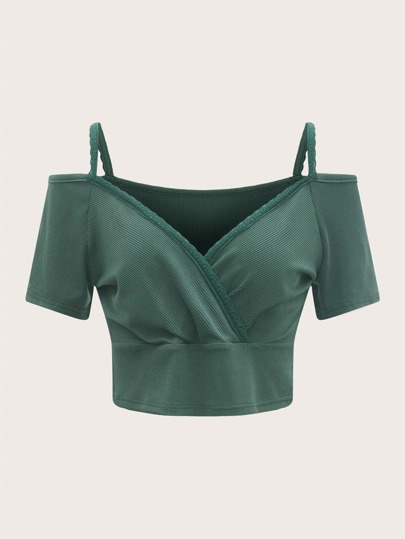 Solid Lace Trim Cold Shoulder Ribbed Crop Tee