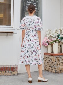 Mulvari 標語和蝴蝶印花泡泡袖洋裝 - 彩色 - 查看 3
