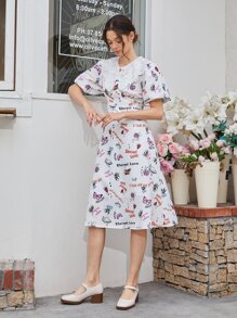 Mulvari 標語和蝴蝶印花泡泡袖洋裝 - 彩色 - 查看 6