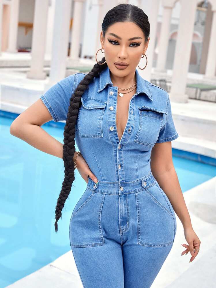 SHEIN SXY Button Front Slant Pocket Denim Overall Jumpsuit | SHEIN