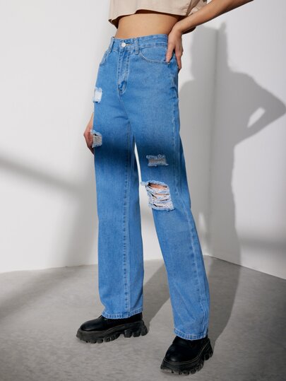 بنطلون جينز ممزق خصر عالي