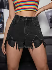 Quần short denim nữ Nút Túi Hem thô Bị tách Dây kéo màu trơn - Màu xám đen - Xem 1