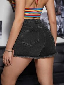 Quần short denim nữ Nút Túi Hem thô Bị tách Dây kéo màu trơn - Màu xám đen - Xem 2