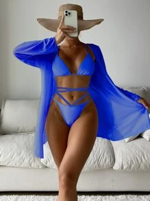 3packs Solid Lace Up Triangle Bikini Set & Kimono, For Summer Beach Vacation - Blue - View 1