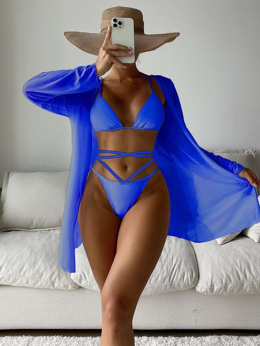 3packs Solid Lace Up Triangle Bikini Set & Kimono, For Summer Beach Vacation - Blue - View 1