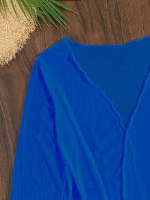 3packs Solid Lace Up Triangle Bikini Set & Kimono, For Summer Beach Vacation - Blue - View 3