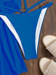 3packs Solid Lace Up Triangle Bikini Set & Kimono, For Summer Beach Vacation - Blue - View 4