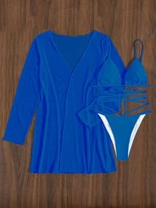 3packs Solid Lace Up Triangle Bikini Set & Kimono, For Summer Beach Vacation - Blue - View 5