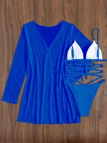 3packs Solid Lace Up Triangle Bikini Set & Kimono, For Summer Beach Vacation - Blue - View 7