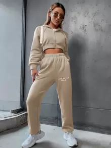 SHEIN EZwear 標語圖案落肩袖抽繩短款連帽衫和衛褲 - 卡其色 - 查看 2