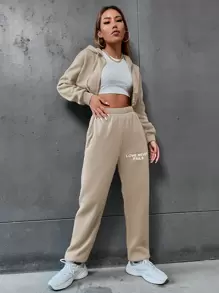 SHEIN EZwear 標語圖案落肩袖抽繩短款連帽衫和衛褲 - 卡其色 - 查看 4