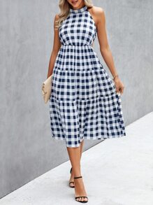 Gingham Ruffle Hem Halter Dress - Blue and White - View 1