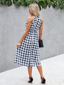 Gingham Ruffle Hem Halter Dress - Blue and White - View 2