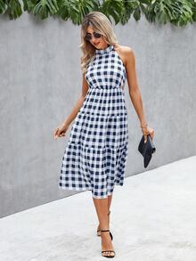 Gingham Ruffle Hem Halter Dress - Blue and White - View 4