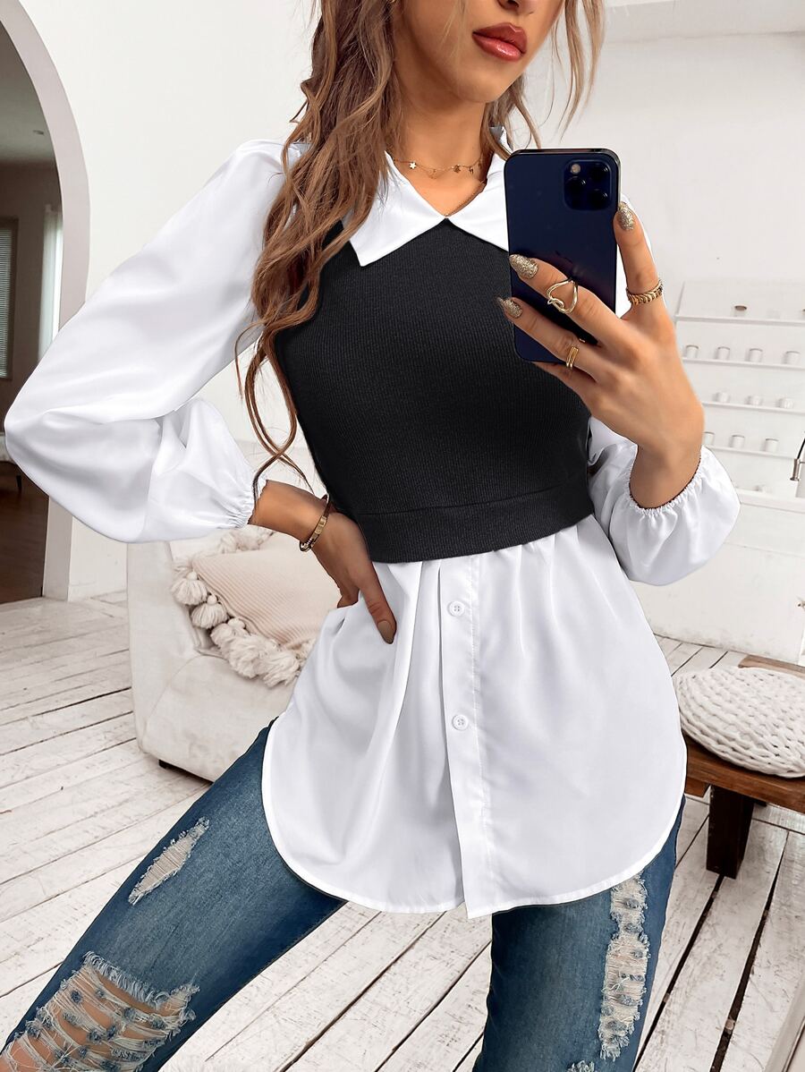SHEIN Unity Colourblock Lantern Sleeve 2 In 1 Top - Black and White - View 1